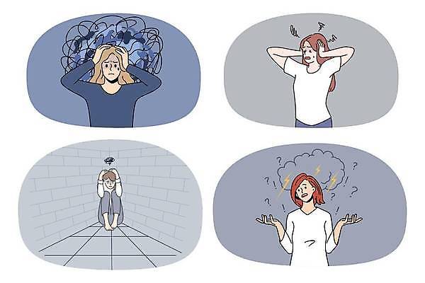 EPS 해외이미지 전신 여자 남자 감정 일러스트 앉기 여러명 상반신 성인 회색 물음표 번개 남색 먹구름 두통 성인만 해외일러스트 기호 컬러 다수 모션 날씨 사람 질병 파일형식 벡터 구름_자연 이미지허브