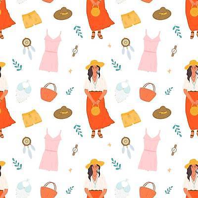 EPS 해외이미지 모델 모자 디자인 응시 드레스 옷 계절 여자 백그라운드 패턴 가방 일러스트 휴가 여름 쇼핑 치마 유행 세일 상점 낭만 도시 만화 긍정 손그림 7월 스타일 힙스터 해외일러스트 시선 잡화 패션 컨셉 무늬 하의 사람 날짜 파일형식 벡터 이미지허브