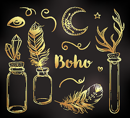 JPG 해외이미지 별 일러스트 유리병 사람없음 검은색 금색 달 하트 보석 깃털 사슴뿔 보헤미아 히피 해외일러스트 자연요소 모양 컬러 병_용기 뿔 광석 파일형식 이미지허브