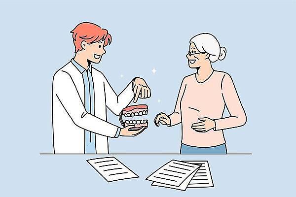 EPS 해외이미지 여자 노년 남자 일러스트 치과 상반신 성인 두명 환자 가리킴 치과의사 치아모형 치과진료 틀니 해외일러스트 의학 병원 사람 손짓 진료 의사 치아 파일형식 벡터 이미지허브