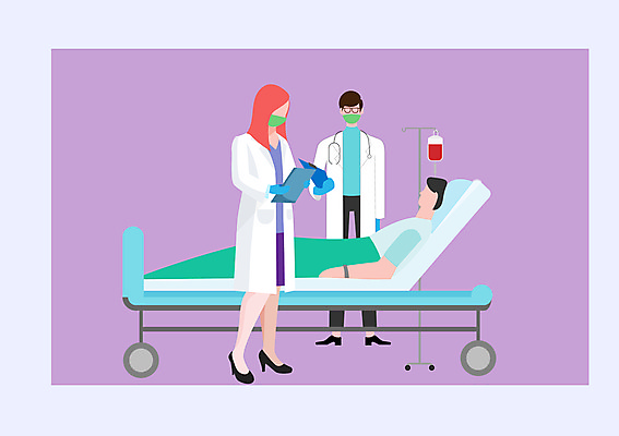 JPG 해외이미지 전신 여자 남자 일러스트 건강 마스크 서기 들기 성인 세명 눕기 보라색 환자 의사 수혈 병상 서류판 혈액주머니 얼굴없음 성인만 해외일러스트 컬러 의학 모션 사람 치료 사무용품 의료진 혈액 파일형식 이미지허브