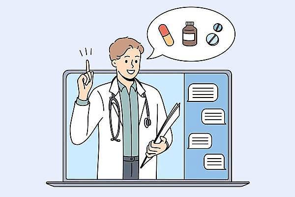 EPS 해외이미지 남자 말풍선 일러스트 한명 들기 상반신 노트북 약 의사 가리킴 원격의료 성인남자한명만 해외일러스트 1 의학 모션 사람 손짓 전자제품 진료 의료진 원격 남자한명만 성인남자만 파일형식 벡터 이미지허브