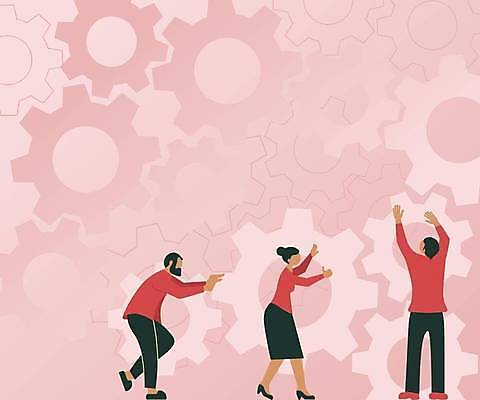 EPS 해외이미지 여자 남자 분홍색 백그라운드 일러스트 비즈니스 협력 프레임 함께함 성인 세명 비즈니스맨 톱니바퀴 성인만 카피스페이스 해외일러스트 컬러 컨셉 사람 공백 직장인 파일형식 벡터 이미지허브