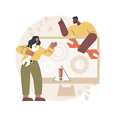 JPG 해외이미지 여자 남자 일러스트 들기 손짓 성인 두명 컴퓨터 손들기 모니터 스패너 삼각형 느낌표 고장 톱니바퀴 문제해결 성인만 해외일러스트 도형 기호 모션 사람 전자제품 공구 파일형식 이미지허브