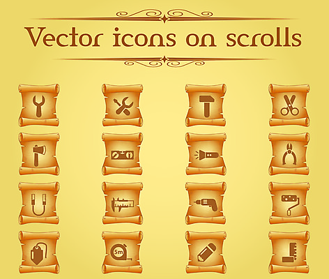JPG 해외이미지 일러스트 줄자 자 사람없음 세트 연필 갈색 빈티지 두루마리 심볼 페인트롤러 니퍼 뺀지 스크롤 양피지 해외일러스트 컬러 컨셉 문구용품 학용품 필기구 공구 파일형식 이미지허브