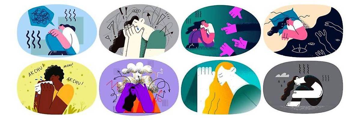 EPS 해외이미지 전신 라이프스타일 손 여자 일러스트 스트레스 여러명 상반신 성인 신체부위 눕기 고통 슬픔 가리킴 폭발 눈물 웅크림 삿대질 악몽 우울감 우울증 재채기 성인여자만 성인만 코풀기 해외일러스트 감정 다수 모션 사람 손짓 생활 질병 여자만 파일형식 벡터 이미지허브