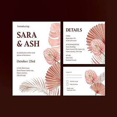 EPS 해외이미지 꽃 분홍색 일러스트 사람없음 흰색 분위기 청첩장 손그림 감성 야자수잎 몬스테라 안스리움 해외일러스트 식물 컬러 컨셉 잎 카드_감사 파일형식 벡터 이미지허브