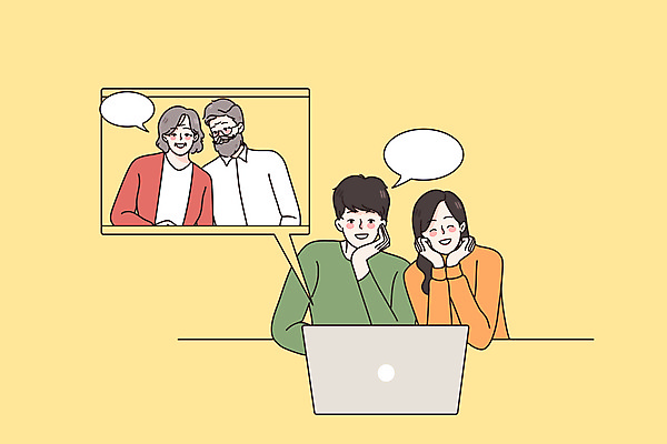 JPG 해외이미지 라이프스타일 부부 여자 노년 남자 말풍선 일러스트 가족 엄마 여러명 상반신 성인 노트북 노란색 턱괴기 아빠 화상통화 해외일러스트 커플 컬러 다수 관계 모션 사람 생활 전자제품 통화 파일형식 이미지허브