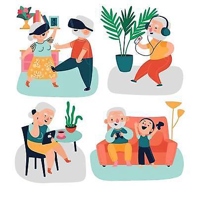 EPS 해외이미지 전신 여자 할아버지 노년 남자 화분 할머니 커피 어린이 의자 일러스트 가족 손자 서기 들기 앉기 소년 여러명 실버라이프 스마트폰 세트 소파 태블릿 게임 게임기 통화 놀기 화상통화 VR기기 해외일러스트 라이프스타일 음료 가구 다수 관계 모션 놀이 사람 성인 전자제품 핸드폰 스마트기기 기계 손주 가상현실 파일형식 벡터 이미지허브
