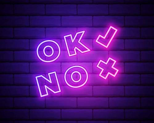 EPS 해외이미지 벽 일러스트 사람없음 빛 보라색 OK X 거절 승낙 체크표시 네온 네온아트 해외일러스트 알파벳 컬러 컨셉 손짓 확인 파일형식 벡터 이미지허브