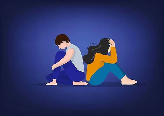 EPS 해외이미지 전신 여자 남자 일러스트 앉기 성인 두명 파란색 등맞대기 좌절 웅크림 감싸기 우울감 우울증 성인만 주저앉기 해외일러스트 감정 컬러 컨셉 모션 사람 질병 파일형식 벡터 이미지허브