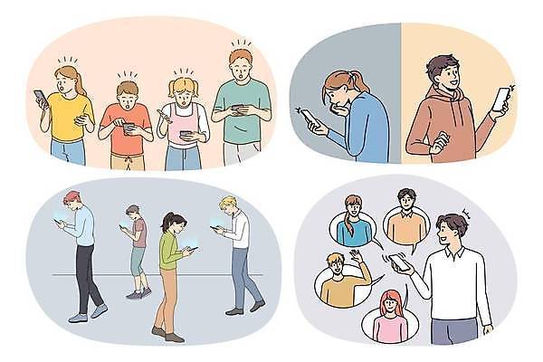 EPS 해외이미지 전신 응시 여자 남자 어린이 말풍선 일러스트 대화 서기 들기 소년 여러명 상반신 성인 스마트폰 손들기 걷기 소셜네트워크 스몸비 해외일러스트 시선 다수 모션 말하기 사람 핸드폰 스마트기기 신조어 파일형식 벡터 이미지허브