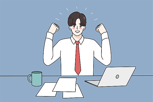 JPG 해외이미지 라이프스타일 남자 일러스트 한명 상반신 성인 일상 컵 파란색 노트북 손들기 주먹 기쁨 비즈니스맨 자신감 문서 해결 성인남자한명만 해외일러스트 1 식기 감정 컬러 비즈니스 모션 사람 라이프 생활 전자제품 직장인 남자한명만 성인남자만 파일형식 이미지허브