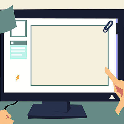 JPG 해외이미지 디자인 백그라운드 일러스트 비즈니스 손가락 프레임 신체부위 컴퓨터 모니터 책상 커서 메모꽂이 카피스페이스 해외일러스트 손 가구 문구용품 사람 전자제품 공백 파일형식 이미지허브