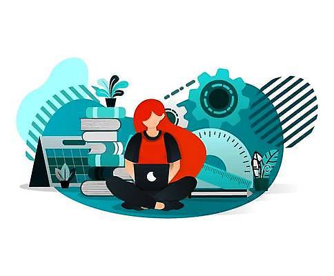 EPS 해외이미지 전신 식물 여자 교육 화분 선 일러스트 자 한명 앉기 성인 책 빨간색 노트북 쌓기 달력 톱니바퀴 청록색 각도기 성인여자한명만 해외일러스트 1 컬러 모션 문구용품 사람 전자제품 여자한명만 성인여자만 파일형식 벡터 이미지허브