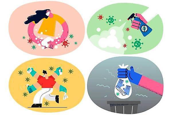 EPS 해외이미지 전신 라이프스타일 손 여자 남자 장갑 일러스트 비닐봉투 마스크 상반신 성인 두명 신체부위 쓰레기통 청소 버리기 뿌리기 손씻기 소독 소독제 성인만 생활방역 해외일러스트 잡화 모션 봉투 사람 생활 씻기 방역 파일형식 벡터 이미지허브