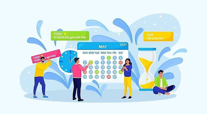 EPS 해외이미지 전신 여자 남자 시계 하늘색 일러스트 협력 서기 들기 앉기 여러명 성인 달력 비즈니스맨 비즈니스우먼 메시지 모래시계 프로젝트 성인만 해외일러스트 모래 다수 비즈니스 모션 사람 파란색 직장인 파일형식 벡터 이미지허브