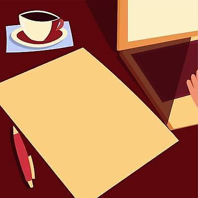 EPS 해외이미지 디자인 종이 백그라운드 일러스트 프레임 사람없음 펜 노란색 모니터 플랫 커피잔 카피스페이스 버건디 해외일러스트 커피 컬러 잔 빨간색 컴퓨터 필기구 공백 파일형식 벡터 이미지허브