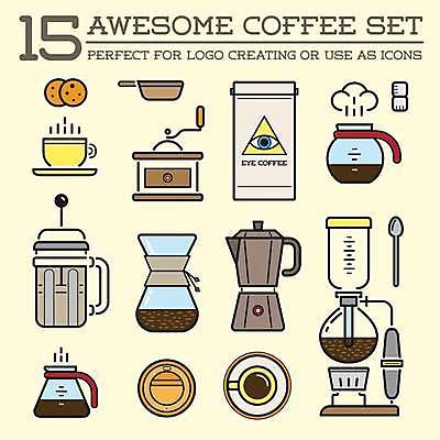EPS 해외이미지 디자인 일러스트 사람없음 세트 쿠키 숟가락 카페 커피잔 커피포트 그라인더 핸드드립 모카포트 포타필터 원두봉투 해외일러스트 커피 주전자 디저트 봉투 잔 수저 상점 커피용품 파일형식 벡터 이미지허브