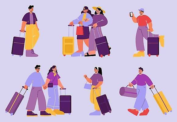 EPS 해외이미지 여자 남자 여행 가방 일러스트 들기 성인 스마트폰 여행객 캐리어 여행가방 보라색 성인만 해외일러스트 잡화 컬러 모션 사람 핸드폰 스마트기기 파일형식 벡터 이미지허브