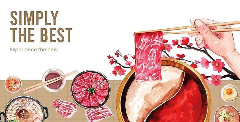 EPS 해외이미지 손 포스터 일러스트 젓가락 육류 들기 신체부위 메뉴판 전골 꽃가지 베이지색 전골냄비 젓가락질 훠궈 해외일러스트 꽃 음식 컬러 식재료 모션 수저 사람 손짓 중식 나뭇가지 냄비 파일형식 벡터 이미지허브