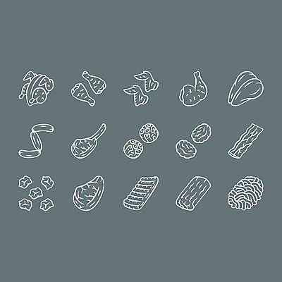 JPG 해외이미지 일러스트 육류 돼지고기 사람없음 세트 닭고기 소시지 닭다리 베이컨 부위 닭가슴살 닭날개 정육점 해외일러스트 식재료 상점 가공식품 파일형식 이미지허브