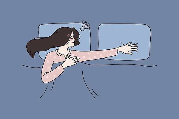 EPS 해외이미지 전신 라이프스타일 여자 일러스트 베개 한명 상반신 성인 일상 눕기 이불 고독 남색 손뻗기 악몽 힘듦 성인여자한명만 해외일러스트 1 감정 컬러 컨셉 침구 모션 사람 라이프 생활 여자한명만 성인여자만 파일형식 벡터 이미지허브