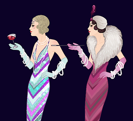 JPG 해외이미지 드레스 여자 허리손 와인잔 일러스트 들기 상반신 성인 두명 유행 빈티지 화려 복고 담뱃대 스타일 성인여자만 해외일러스트 옷 포즈 컨셉 술잔 모션 담배 사람 여자만 성인만 파일형식 이미지허브