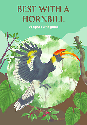 JPG 해외이미지 한마리 포스터 잎 일러스트 조류 열대 사람없음 연두색 나뭇가지 손그림 코뿔새 해외일러스트 나무 식물 동물 1 초록색 파일형식 이미지허브