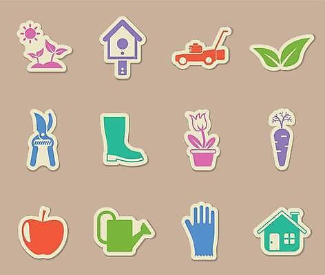 EPS 해외이미지 화분 장갑 스티커 일러스트 장화 사람없음 세트 컬러풀 라벨 새싹 당근 물뿌리개 우체통 사과 원예 집모양 해외일러스트 모양 식물 잡화 컬러 신발 과일 뿌리채소 프레임 취미 파일형식 벡터 이미지허브