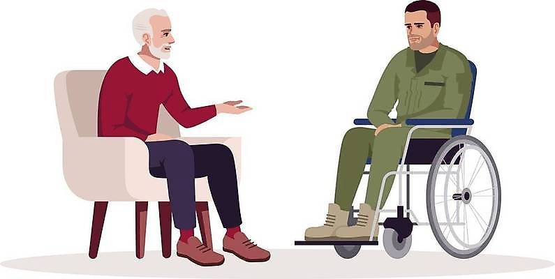 EPS 해외이미지 전신 노년 남자 의자 일러스트 스트레스 앉기 손짓 성인 두명 슬픔 좌절 고독 장애인 휠체어 우울감 우울증 남자만 심리치료 심리상담 해외일러스트 감정 가구 컨셉 모션 사람 치료 질병 상담 장애 심리 파일형식 벡터 이미지허브
