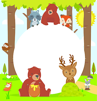 JPG 해외이미지 나무 디자인 여러마리 일러스트 곰 사슴 병아리 사람없음 태양 토끼 닭 숲 여우 부엉이 너구리 원형프레임 고슴도치 꿀단지 벌교 카피스페이스 해외일러스트 자연요소 식물 동물 다수 포유류 조류 프레임 반려동물 공백 원형 전라남도 파일형식 이미지허브