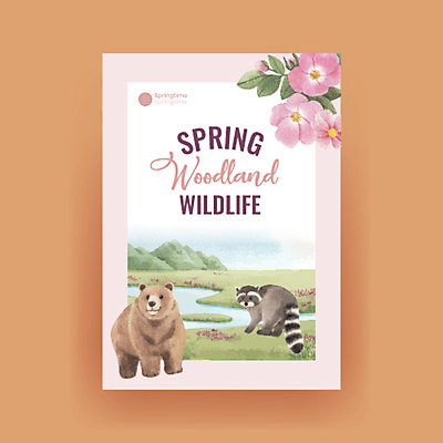 JPG 해외이미지 꽃 포스터 야생동물 분홍색 두마리 일러스트 곰 산 사람없음 연두색 강 봄 손그림 라쿤 해외일러스트 식물 동물 계절 컬러 2 포유류 초록색 너구리 파일형식 이미지허브