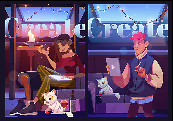 EPS 해외이미지 전신 여자 남자 두마리 일러스트 촛불 탁자 담배 실내 서기 들기 앉기 상반신 성인 두명 소파 펜 와인 고양이 알전구 성인만 태블릿펜 내려보기 해외일러스트 가구 2 의자 전구 초 포유류 모션 주류 사람 내부 반려동물 필기구 파일형식 벡터 이미지허브