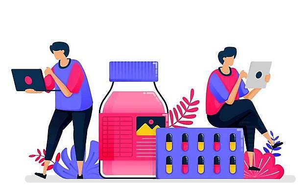 EPS 해외이미지 전신 남자 일러스트 건강 들기 앉기 성인 두명 치료 빨간색 노트북 태블릿 알약 풀잎 액체 약병 질병 물약 조제 성인남자만 해외일러스트 컬러 잎 의학 모션 사람 전자제품 스마트기기 약 풀_식물 만들기 병_담는 남자만 성인만 파일형식 벡터 이미지허브