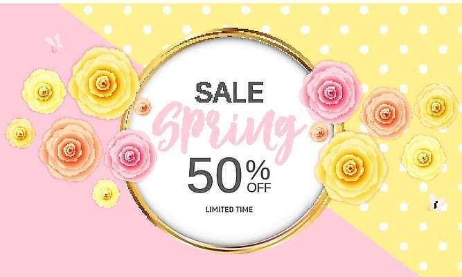 EPS 해외이미지 배너 꽃 분홍색 일러스트 이벤트 사람없음 노란색 세일 물방울무늬 봄 원형 봄맞이 봄쇼핑 해외일러스트 도형 식물 계절 컬러 무늬 쇼핑 파일형식 벡터 이미지허브