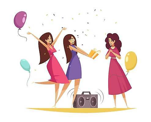 EPS 해외이미지 전신 여자 일러스트 함께함 선물 서기 웃음 들기 성인 세명 친구 선물상자 파티 스피커 놀람 만세 축하 주기 라디오 꽃가루 풍선 성인여자만 해외일러스트 감정 음향기기 컨셉 관계 모션 표정 사람 이벤트 전자제품 상자 가루 여자만 성인만 파일형식 벡터 이미지허브