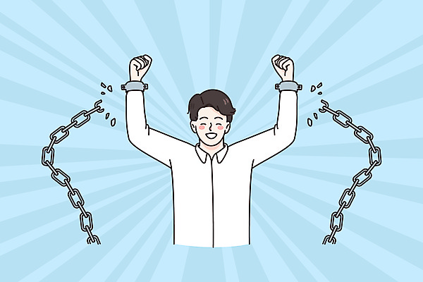 JPG 해외이미지 라이프스타일 남자 행복 하늘색 일러스트 한명 상반신 성인 기쁨 만세 자유 쇠사슬 끊어짐 족쇄 해방감 성인남자한명만 해외일러스트 1 감정 컨셉 모션 사람 생활 파란색 남자한명만 성인남자만 파일형식 이미지허브