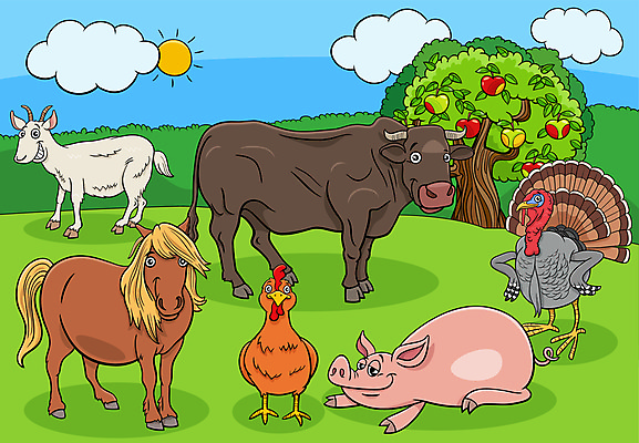 EPS 해외이미지 나무 일러스트 하늘 염소 사람없음 세트 태양 닭 말_동물 돼지 소 사과 칠면조 해외일러스트 자연요소 식물 과일 포유류 조류 파일형식 벡터 이미지허브