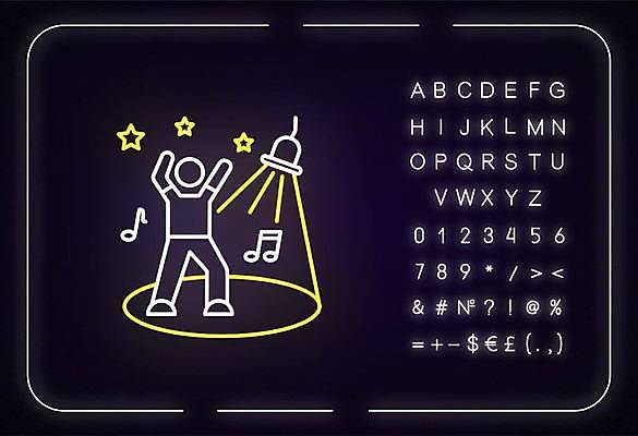 EPS 해외이미지 전신 알파벳 별 선 백그라운드 음표 일러스트 전등 한명 사람 타이포그라피 춤 화려 심볼 네온 형광등 해외일러스트 자연요소 문자 1 기호 영어 음악 컨셉 문화예술 조명 파일형식 벡터 이미지허브