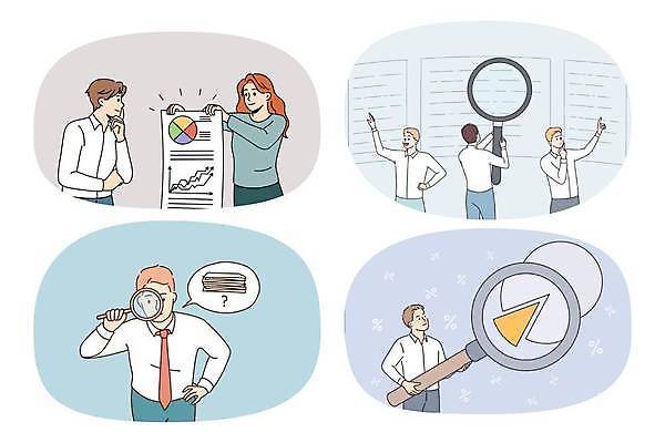 EPS 해외이미지 여자 남자 말풍선 일러스트 비즈니스 돋보기 그래프 들기 여러명 상반신 성인 가리킴 관찰 비즈니스맨 비즈니스우먼 분석 성인만 해외일러스트 다수 컨셉 모션 사람 손짓 직장인 파일형식 벡터 이미지허브