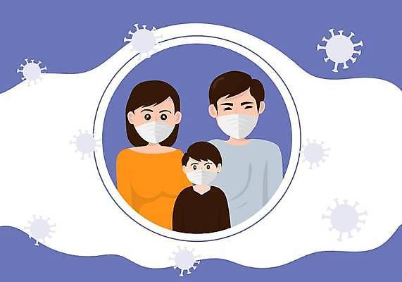 EPS 해외이미지 여자 남자 어린이 일러스트 가족 건강 마스크 소년 성인 세명 건강관리 보라색 원형 코로나바이러스 생활방역 델타변이바이러스 오미크론 해외일러스트 도형 컬러 관계 관리 사람 바이러스 방역 파일형식 벡터 이미지허브