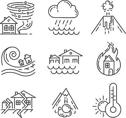 EPS 해외이미지 라인일러스트 일러스트 불 산 사람없음 비 위험 홍수 자연재해 화재 화산 폭풍 화산폭발 지구온난화 폭우 태풍 산사태 쓰나미 지진 해외일러스트 자연요소 컨셉 날씨 폭발 사건 재해 기후변화 해일 파일형식 벡터 이미지허브