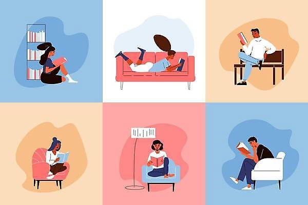 EPS 해외이미지 전신 여자 남자 엎드리기 벤치 일러스트 조명 책장 들기 앉기 여러명 성인 책 학습 세트 소파 독서 작가 성인만 해외일러스트 직업 교육 가구 다수 의자 모션 사람 파일형식 벡터 이미지허브