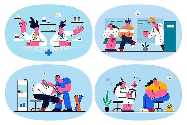 EPS 해외이미지 전신 라이프스타일 여자 노년 남자 일러스트 청진기 앉기 여러명 상반신 성인 진료 환자 의사 의사가운 약병 약국 물리치료 물리치료사 약사 진찰가방 해외일러스트 다수 의학 의료기기 모션 사람 생활 치료 약 의료진 가운 치료사 병_담는 파일형식 벡터 이미지허브