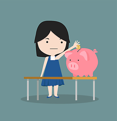 JPG 해외이미지 전신 여자 어린이 일러스트 탁자 한명 서기 들기 파란색 동전 저축 돼지저금통 소녀한명만 해외일러스트 1 컬러 가구 돈 모션 사람 금융 저금통 여자한명만 소녀만 파일형식 이미지허브