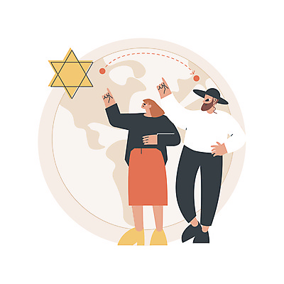 JPG 해외이미지 응시 여자 남자 별 종교 지구 점선 허리손 이동 일러스트 성인 두명 가리킴 유대인 다윗의별 유태교 성인만 해외일러스트 자연요소 시선 선 포즈 컨셉 사람 손짓 수학 파일형식 이미지허브
