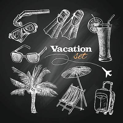 EPS 해외이미지 음료 의자 일러스트 휴가 잔 사람없음 선글라스 야자수 캐리어 칠판 물안경 오리발 그림 해외일러스트 나무 식기 안경 가구 여행가방 수영용품 파일형식 벡터 이미지허브