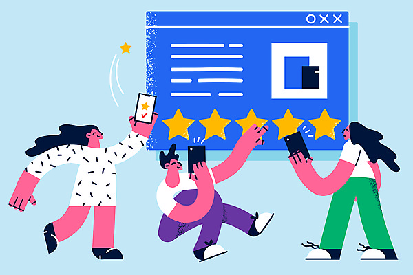 포토 JPG 해외이미지 전신 여자 남자 별 서기 미소 들기 앉기 성인 세명 파란색 스마트폰 체크표시 인터넷창 별점 소셜네트워크 성인만 해외포토 자연요소 컬러 인터넷 모션 표정 사람 핸드폰 스마트기기 확인 점수 평가 파일형식 이미지허브