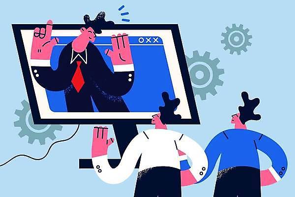 EPS 해외이미지 남자 일러스트 비즈니스 회의 손짓 상반신 성인 세명 모니터 비즈니스맨 톱니바퀴 손인사 화상통화 성인남자만 언택트 온택트 해외일러스트 모션 사람 컴퓨터 인사 직장인 통화 남자만 성인만 파일형식 벡터 이미지허브